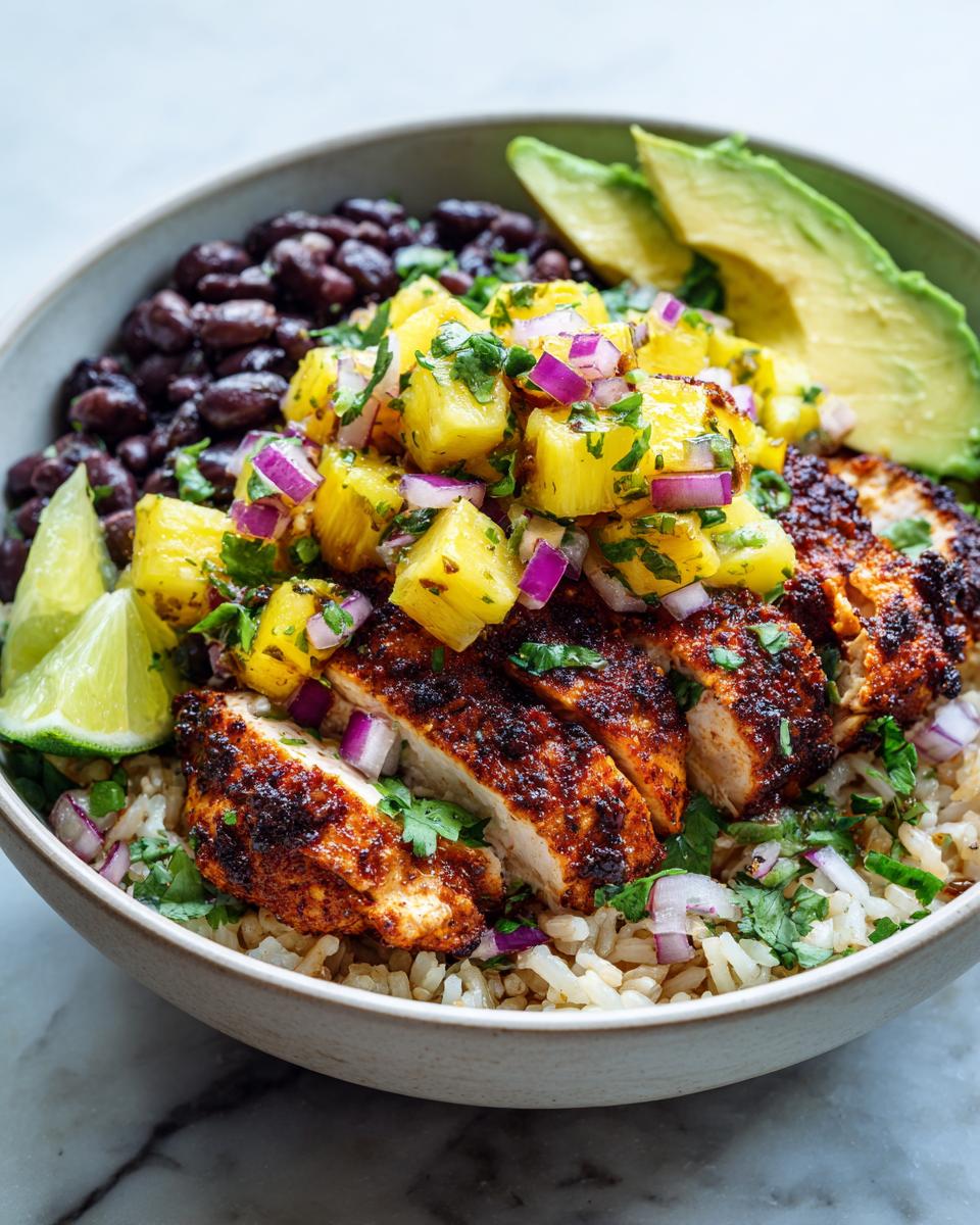 Close-up of a vibrant chicken bowl with pineapple salsa, seasoned chicken, black beans, and avocado slices.