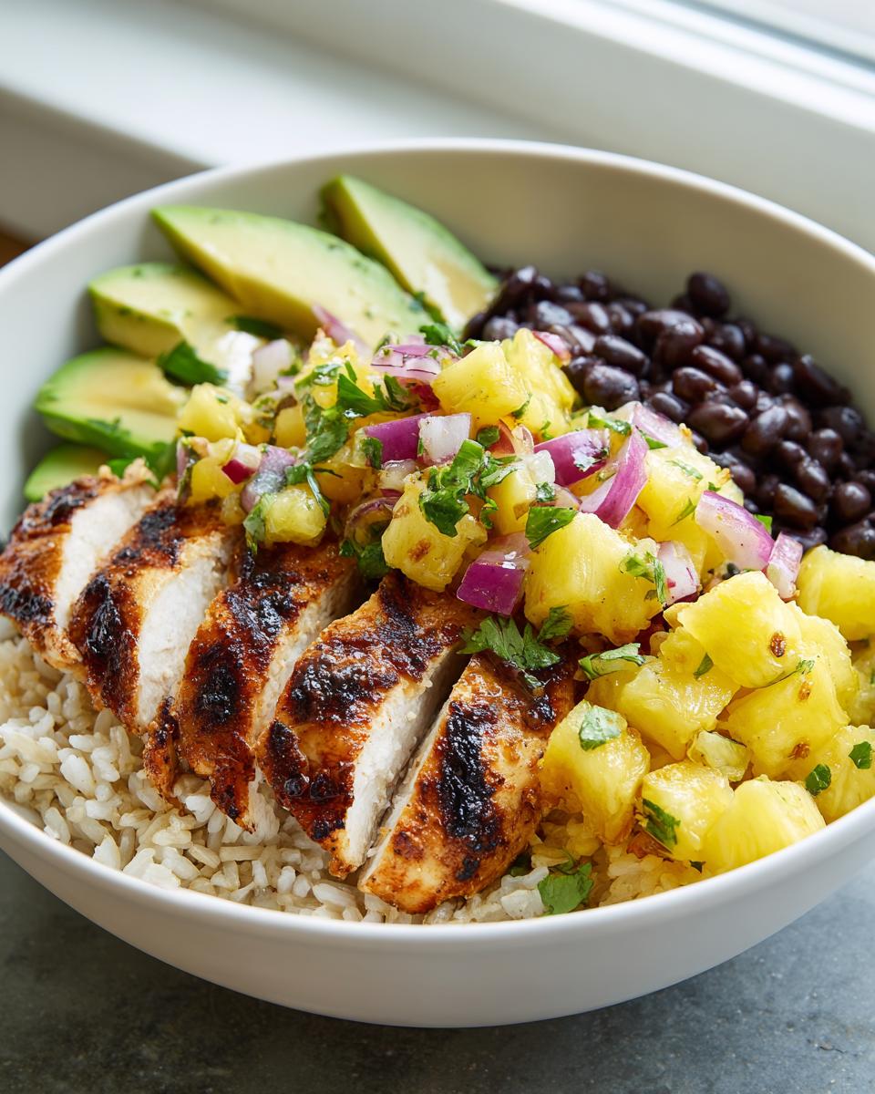 Close-up of a healthy chicken bowl with pineapple salsa, sliced grilled chicken, brown rice, black beans, and avocado.