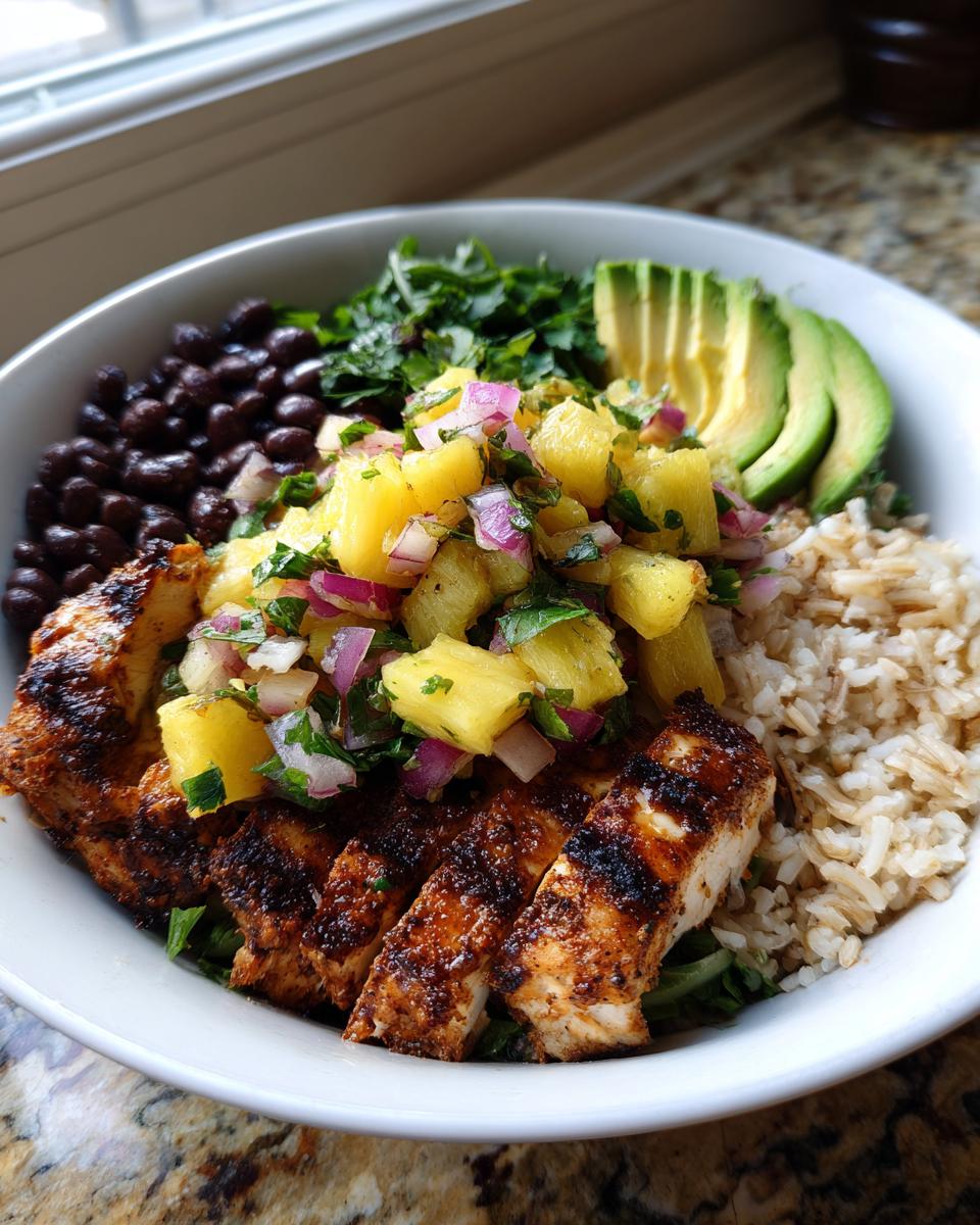 Close-up of a vibrant chicken bowl with pineapple salsa, sliced grilled chicken, brown rice, black beans, and avocado.