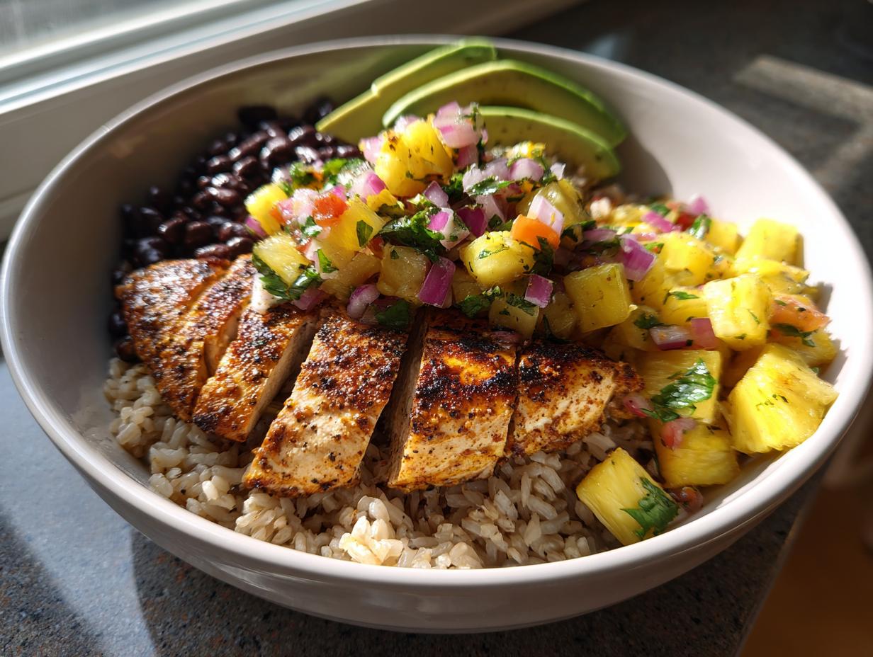A close-up of a healthy chicken bowl with pineapple salsa, brown rice, black beans, and sliced avocado.
