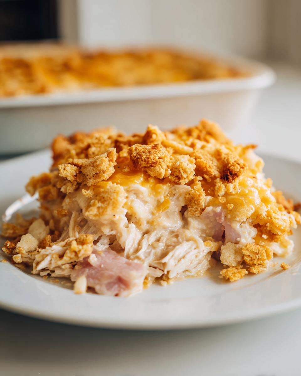 A close-up serving of creamy chicken cordon bleu casserole showing shredded chicken, ham, and a crunchy golden topping.