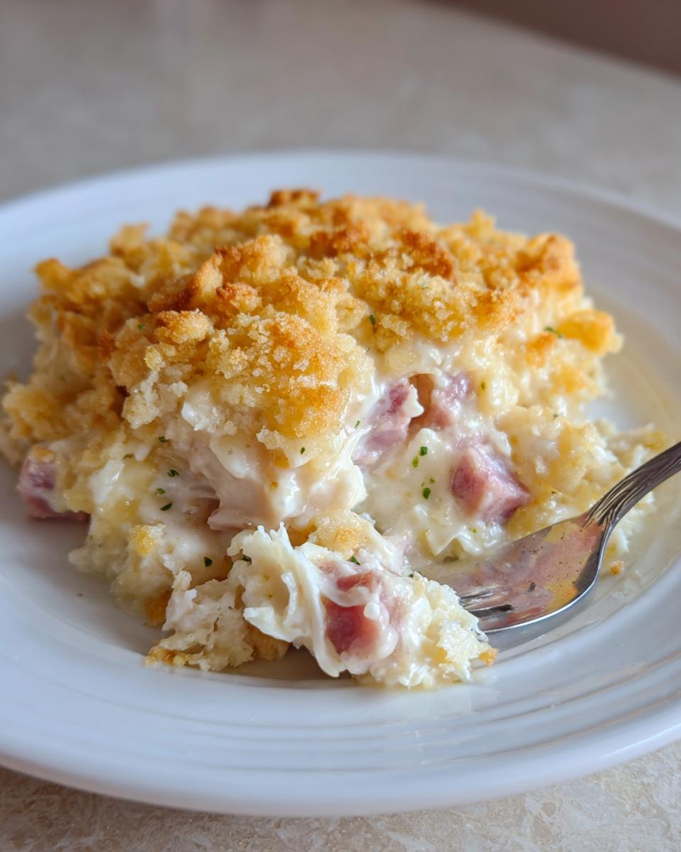 A fork taking a bite out of a creamy serving of chicken cordon bleu casserole topped with golden brown crumbs.