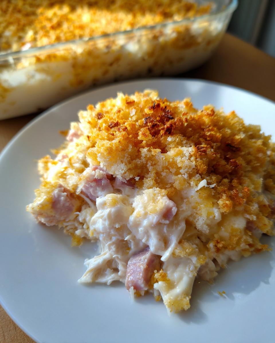 A serving of creamy chicken cordon bleu casserole topped with golden, crunchy breadcrumbs on a white plate.