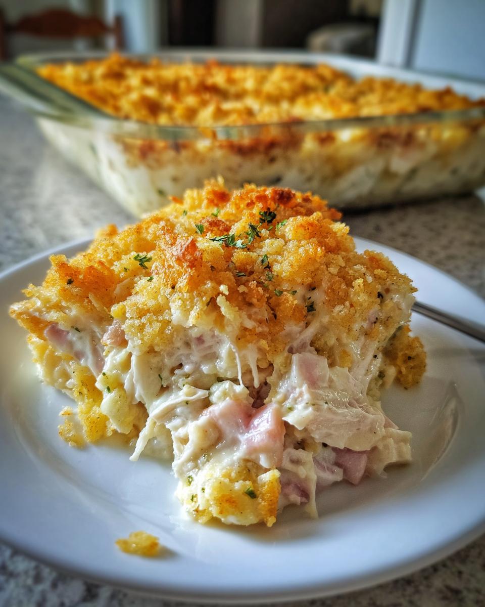 A close-up serving of creamy chicken cordon bleu casserole topped with golden brown breadcrumbs on a white plate.