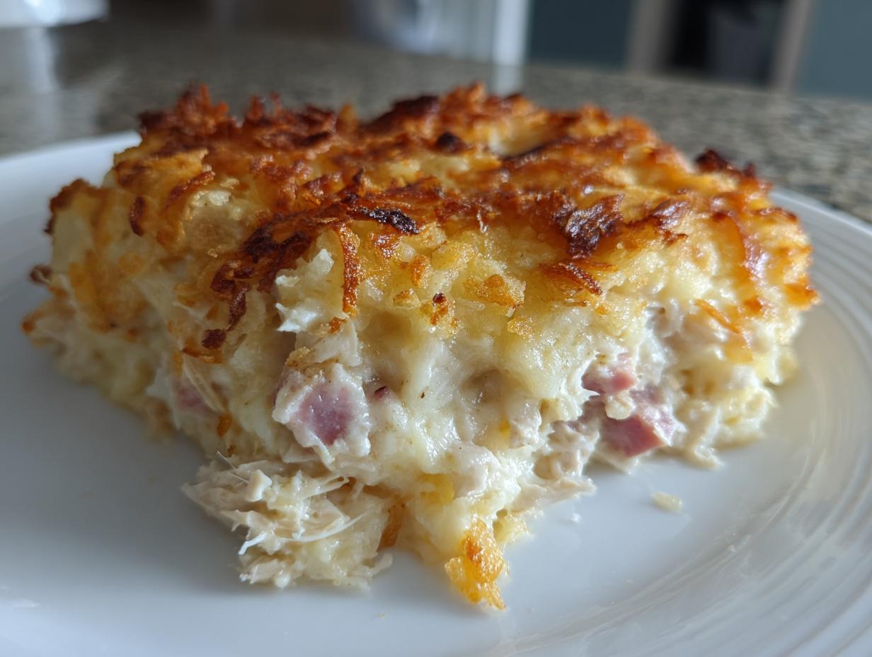 A close-up of a serving of creamy chicken cordon bleu casserole showing shredded chicken and ham pieces.