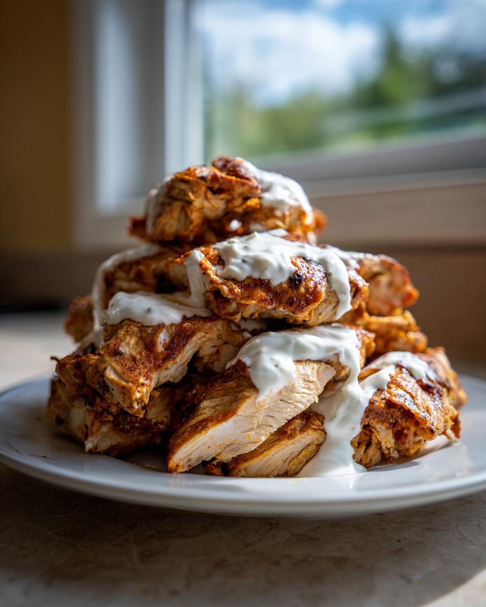 Close-up of sliced, seasoned chicken shawarma stacked high and generously drizzled with white garlic sauce.