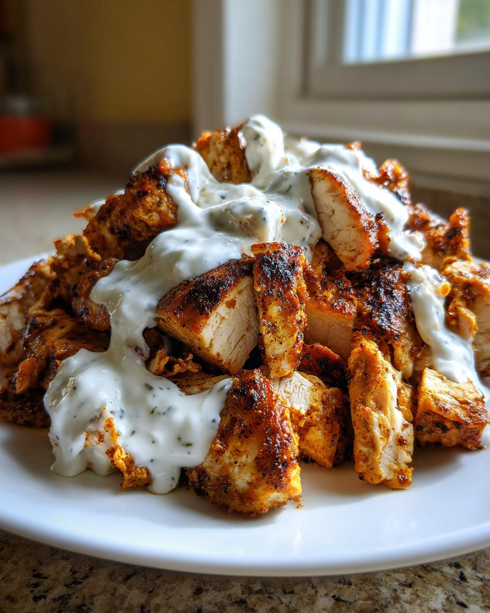 Close-up of seasoned, sliced chicken shawarma generously topped with white garlic sauce on a plate.