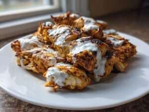 Close-up of seasoned chicken shawarma pieces drizzled generously with white garlic sauce on a white plate.