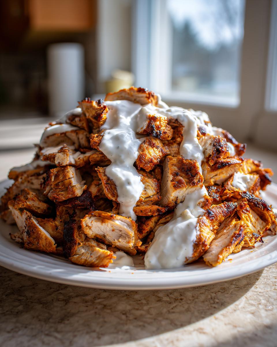A mound of seasoned, sliced chicken shawarma generously topped with white garlic sauce on a white plate.