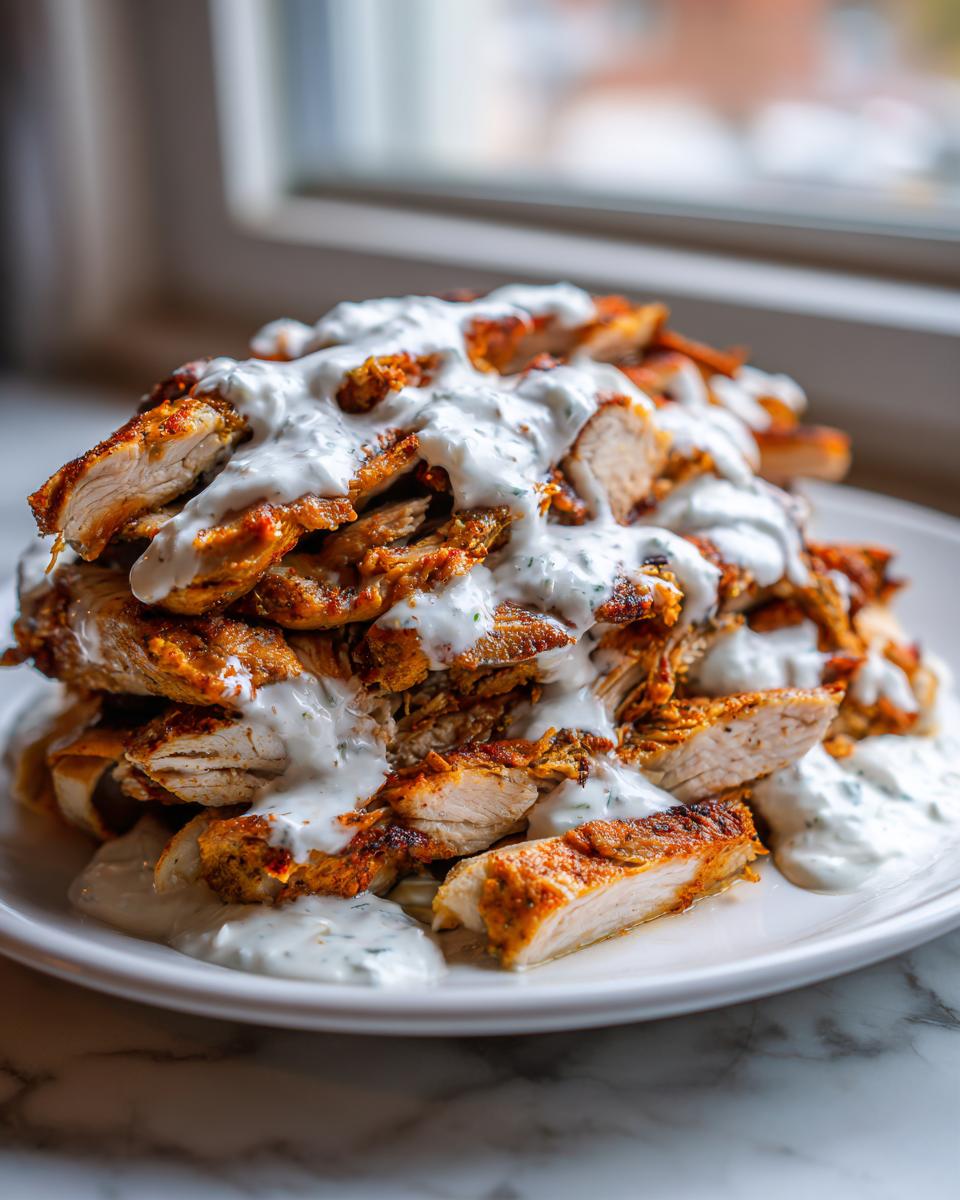 A tall stack of seasoned, sliced chicken shawarma generously drizzled with white garlic sauce.