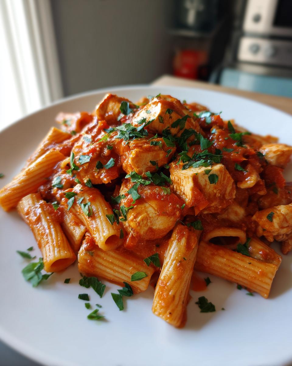 A close-up of a serving of chicken tomato pasta featuring rigatoni coated in a rich red sauce with chunks of chicken, garnished with fresh parsley.