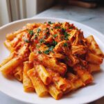 Close-up of a white plate filled with rigatoni pasta coated in a rich tomato sauce and topped with shredded chicken tomato pasta.