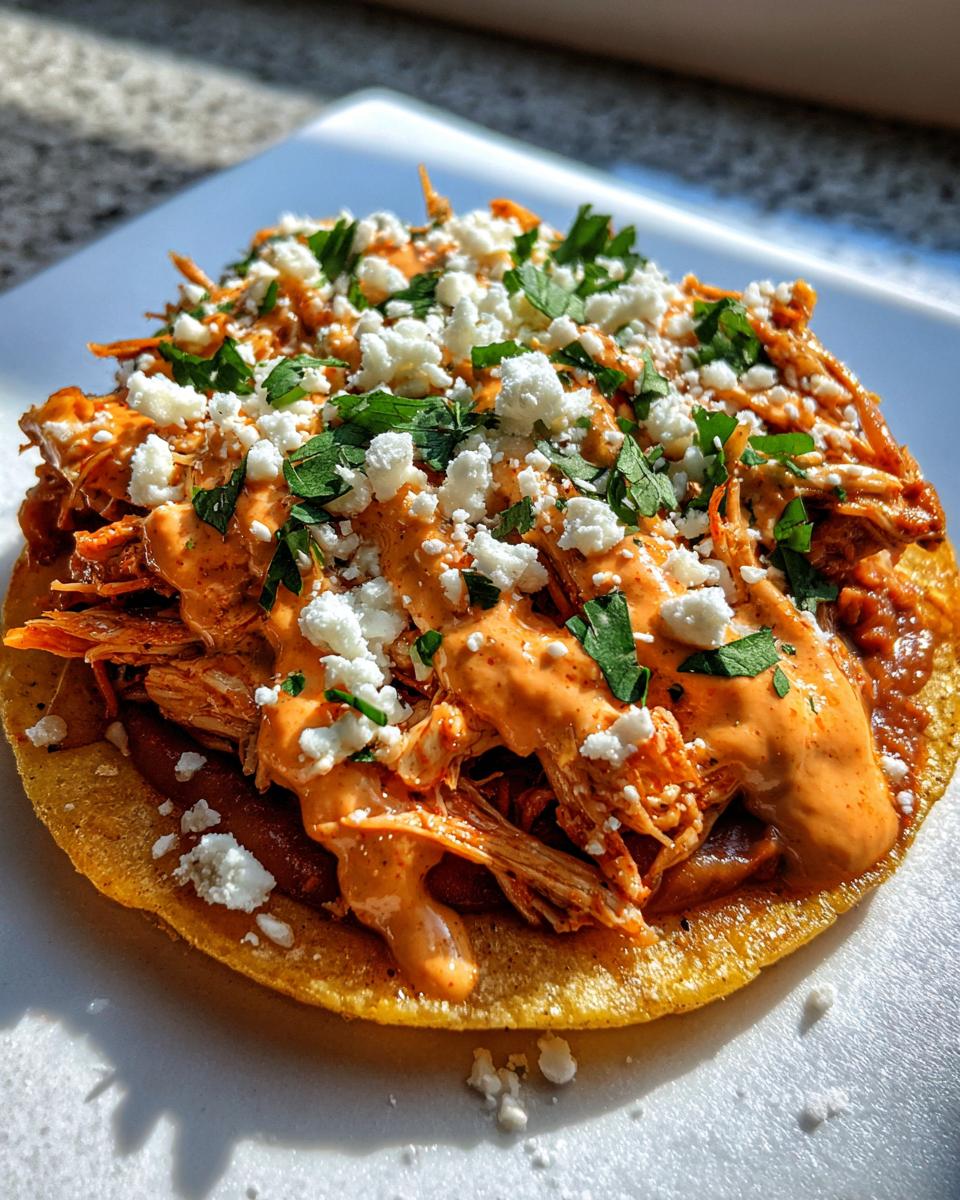 A single, vibrant chicken tostadas topped with shredded chicken, orange sauce, cotija cheese, and cilantro.