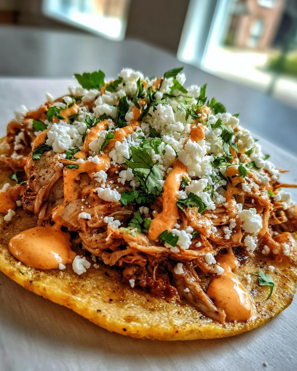 Close-up of a single, crispy chicken tostadas piled high with shredded chicken, orange sauce, cotija cheese, and cilantro.