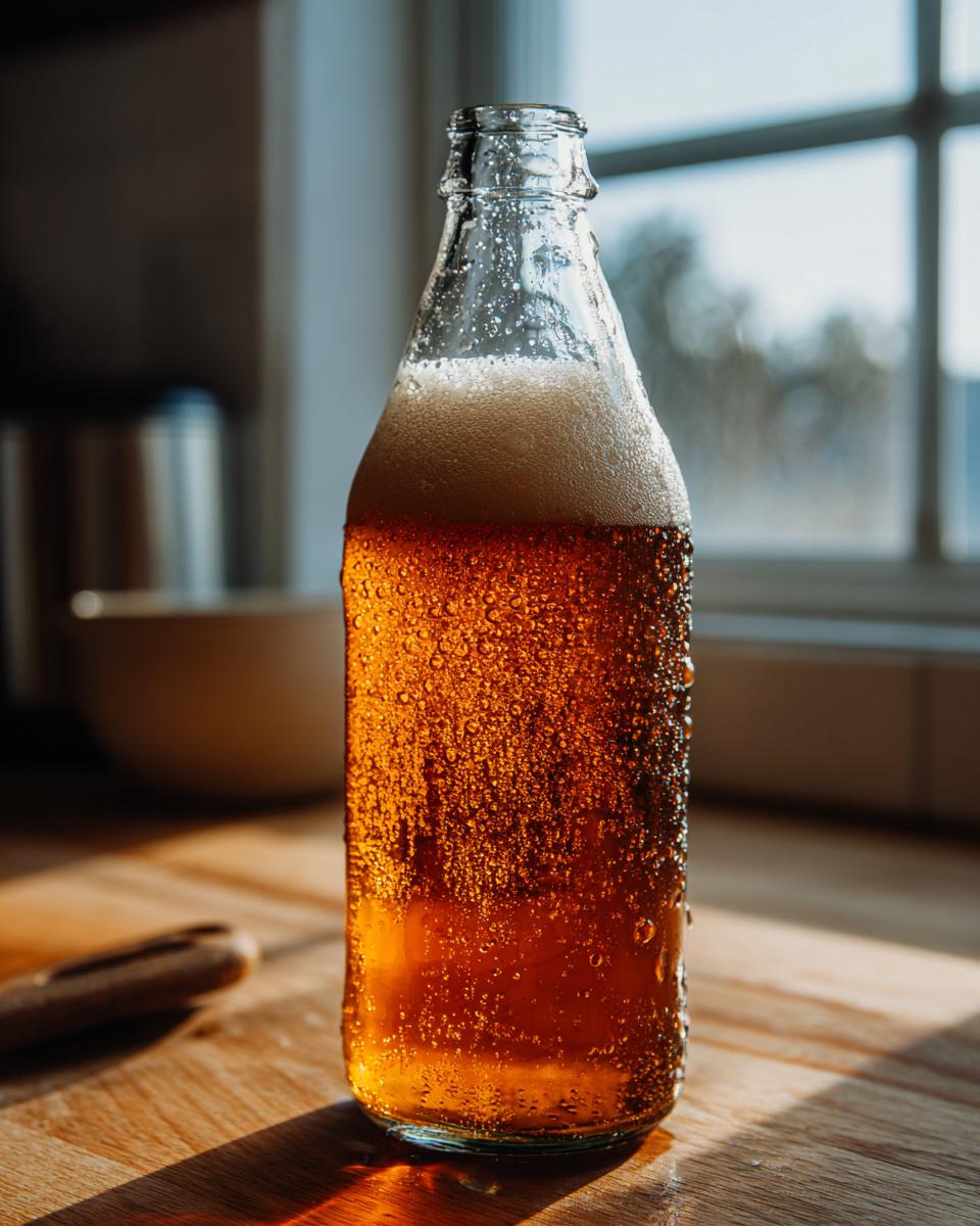 A condensation-covered bottle of amber liquid, likely Homemade IPA, with a foamy head, sitting on a wooden surface.