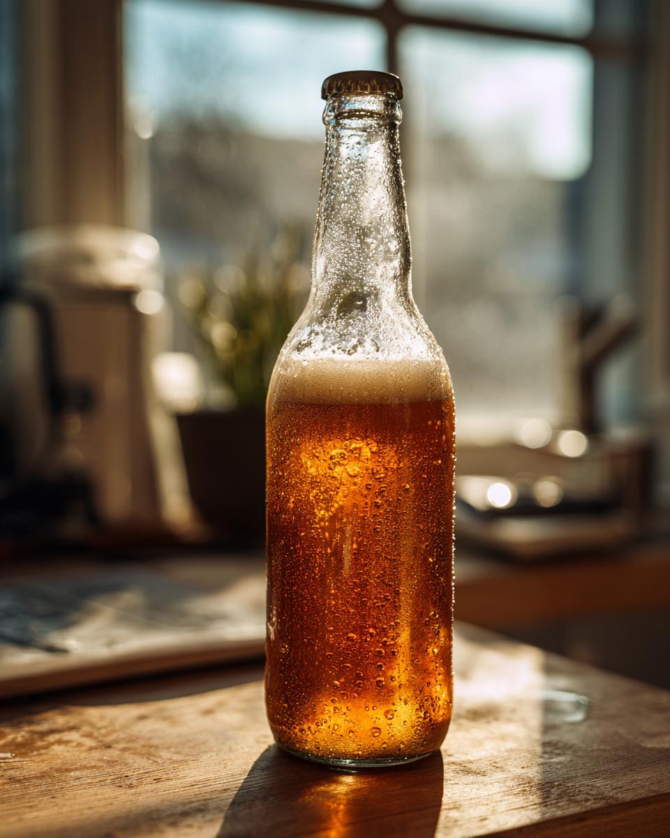 A condensation-covered bottle of golden Homemade IPA, freshly opened, sitting on a sunlit wooden counter.