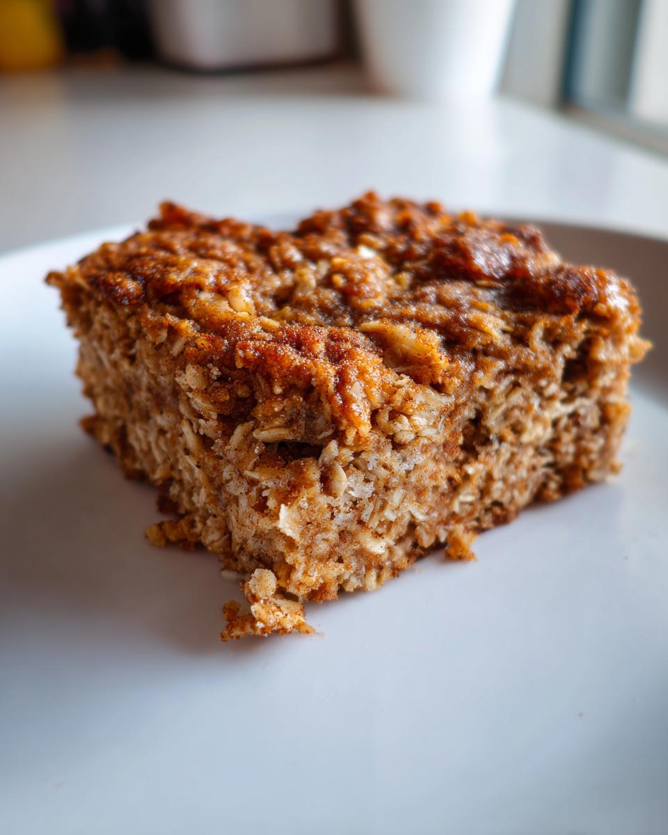 Close-up of a square slice of cinnamon baked oatmeal sheet cake showing texture of oats and cinnamon topping.