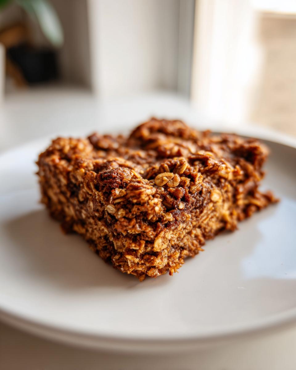 A close-up shot of a thick, moist square of cinnamon baked oatmeal sheet cake on a white plate.