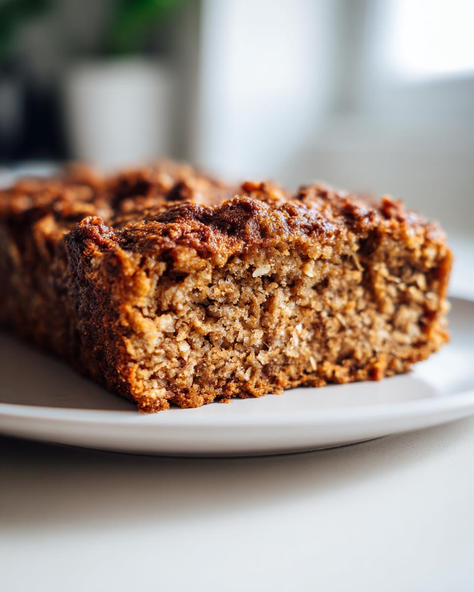 Close-up cross-section of a moist cinnamon baked oatmeal sheet cake slice on a white plate.