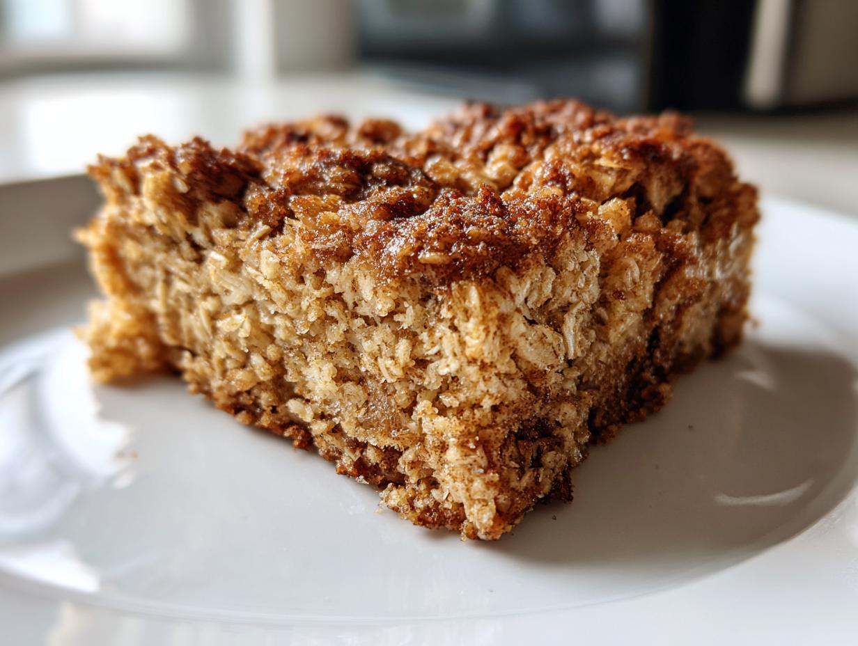 Close-up of a moist, square slice of cinnamon baked oatmeal sheet cake on a white plate.