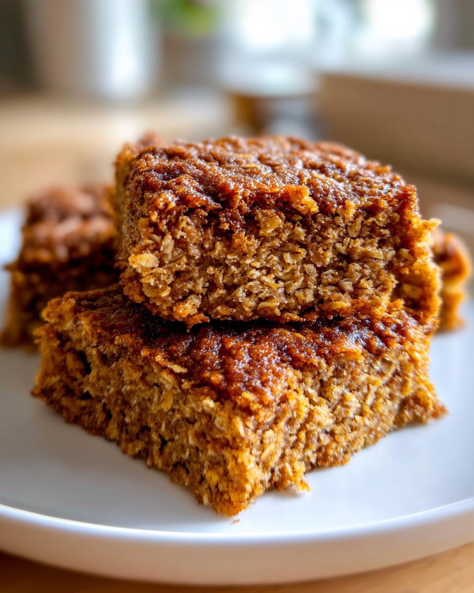 Two stacked squares of moist, brown cinnamon baked oatmeal sheet cake on a white plate.