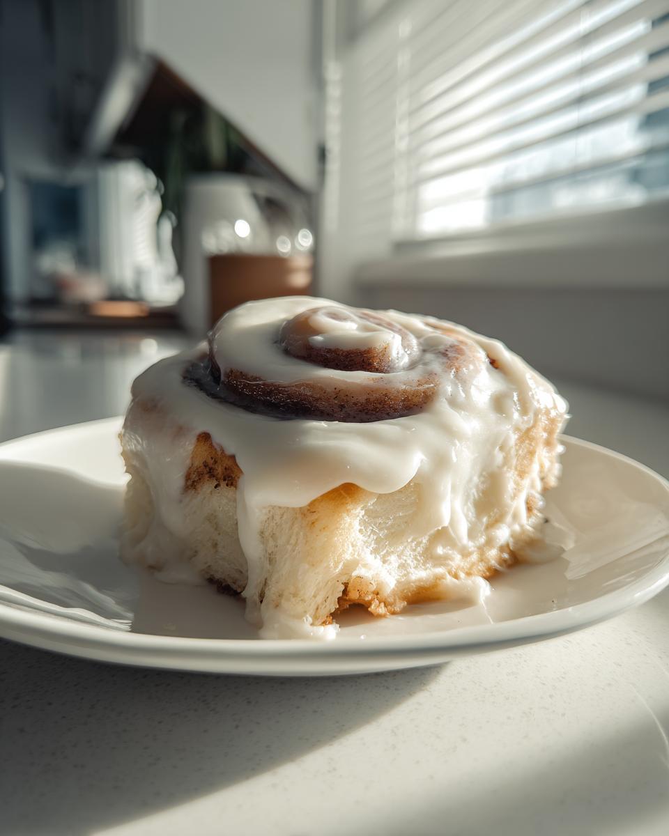 A single, fluffy cinnamon roll bar generously topped with dripping cream cheese frosting, sitting on a white plate.