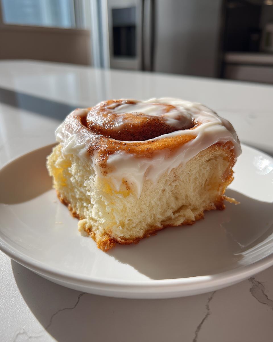 A single, fluffy cinnamon roll bar topped generously with thick cream cheese frosting, sitting on a white plate.