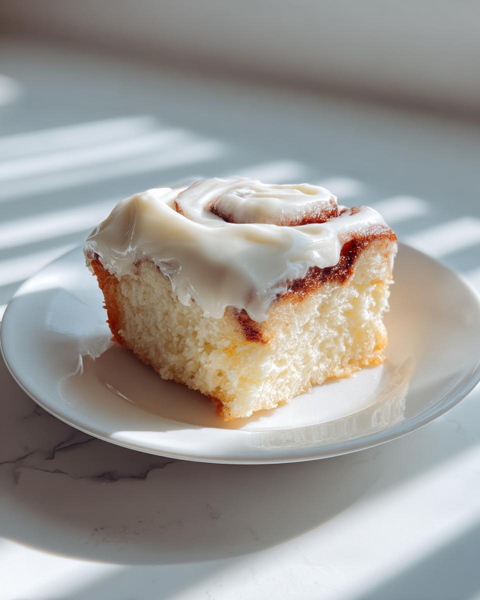 A single square of fluffy cinnamon roll bars with thick cream cheese frosting, served on a white plate.