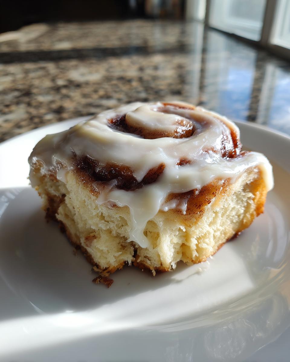 A close-up of one square cinnamon roll bar with thick cream cheese frosting on a white plate.