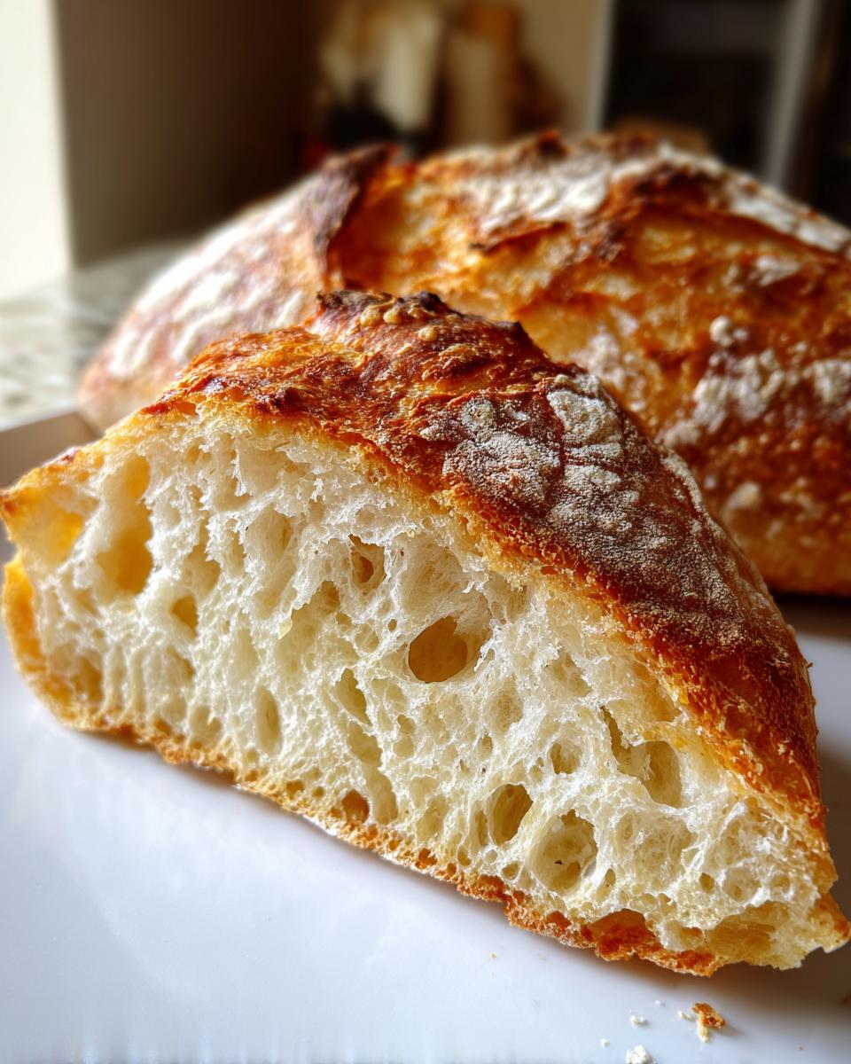 Close-up of a slice showing the open, airy crumb structure of classic homemade ciabatta bread.