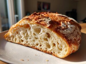 Close-up of the open crumb structure of classic homemade ciabatta bread showing large air pockets.
