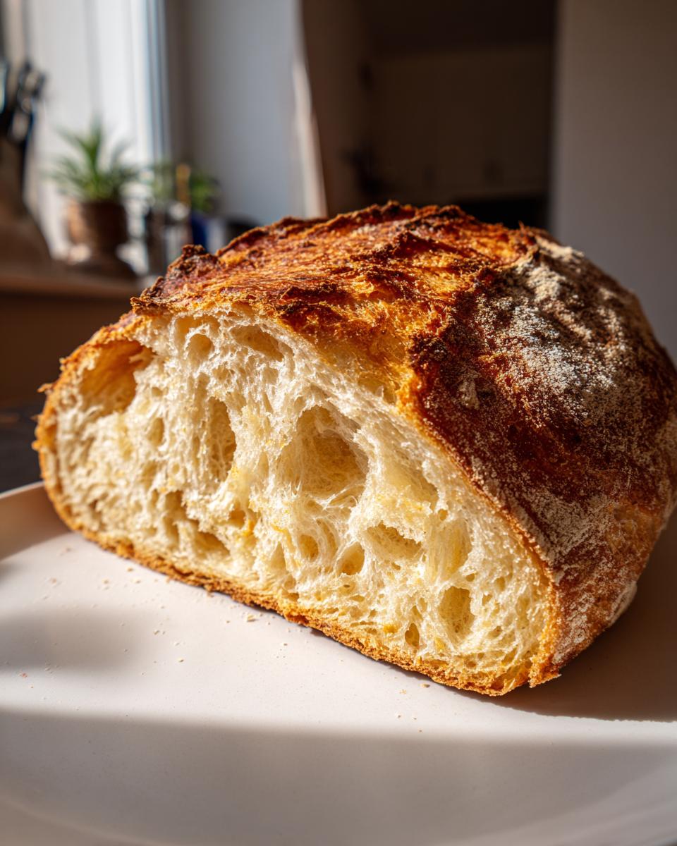 Close-up of a freshly baked classic homemade ciabatta bread, sliced open to show the airy, open crumb structure.