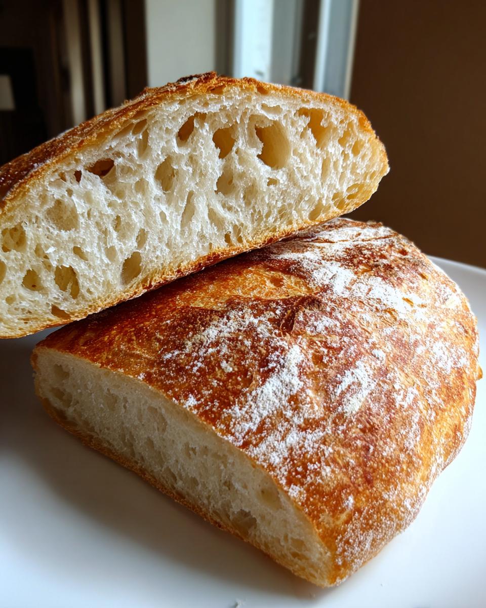 A loaf of classic homemade ciabatta bread sliced in half, showing the open, airy crumb structure.
