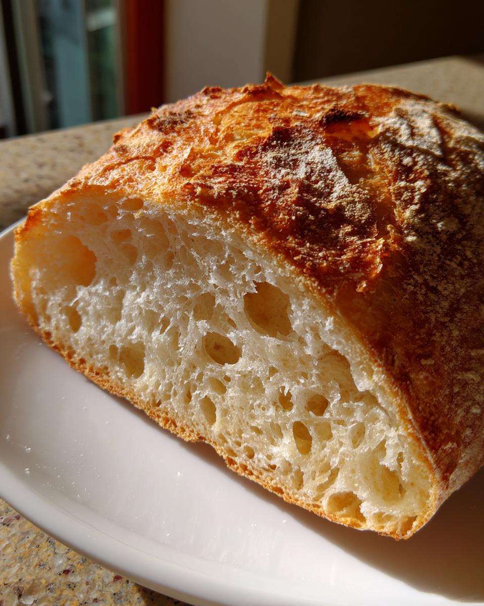 Close-up of the open crumb structure of classic homemade ciabatta bread showing large airy holes.