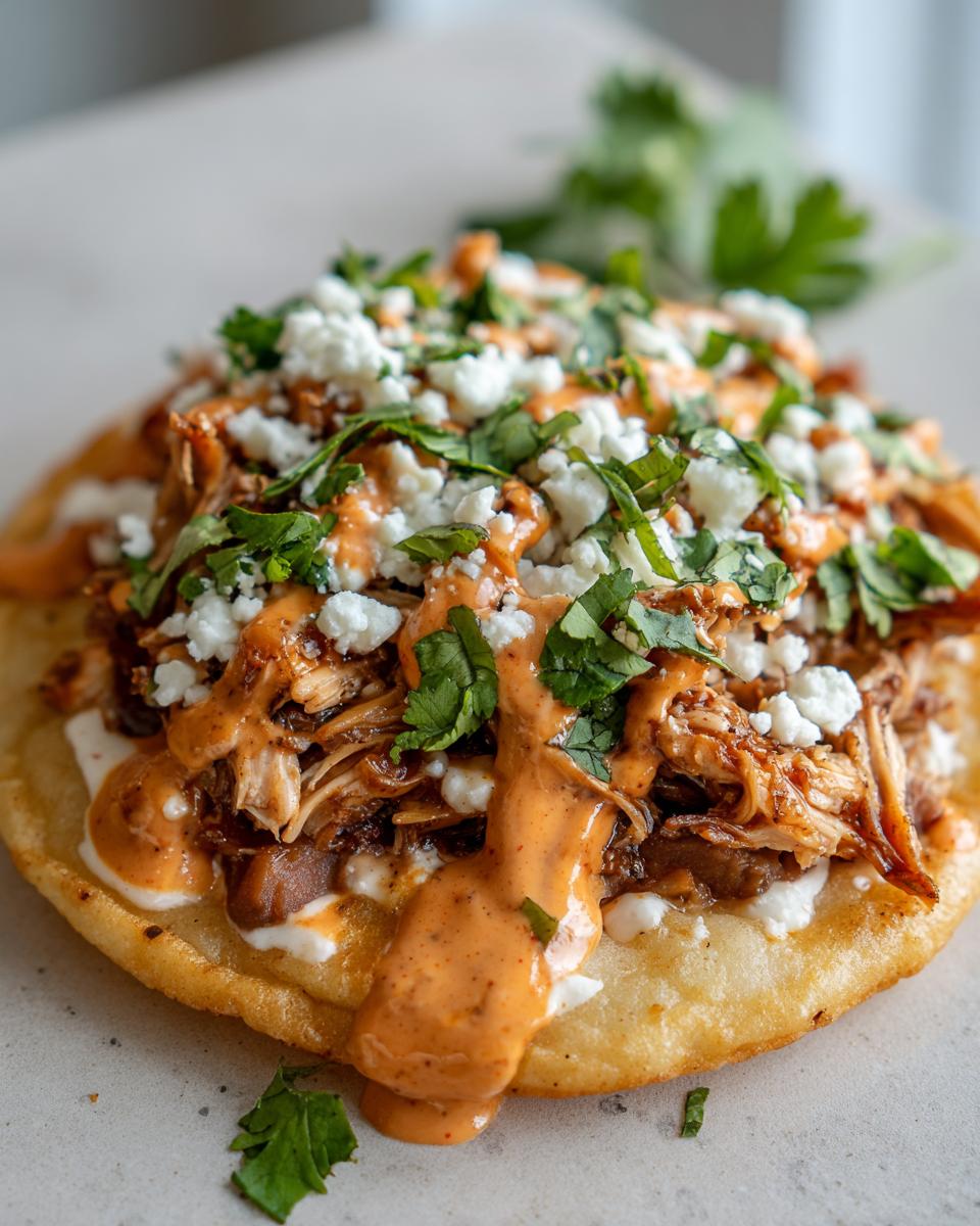 A close-up of a single, fully loaded chicken tostadas base topped with shredded chicken, creamy sauce, cotija cheese, and cilantro.