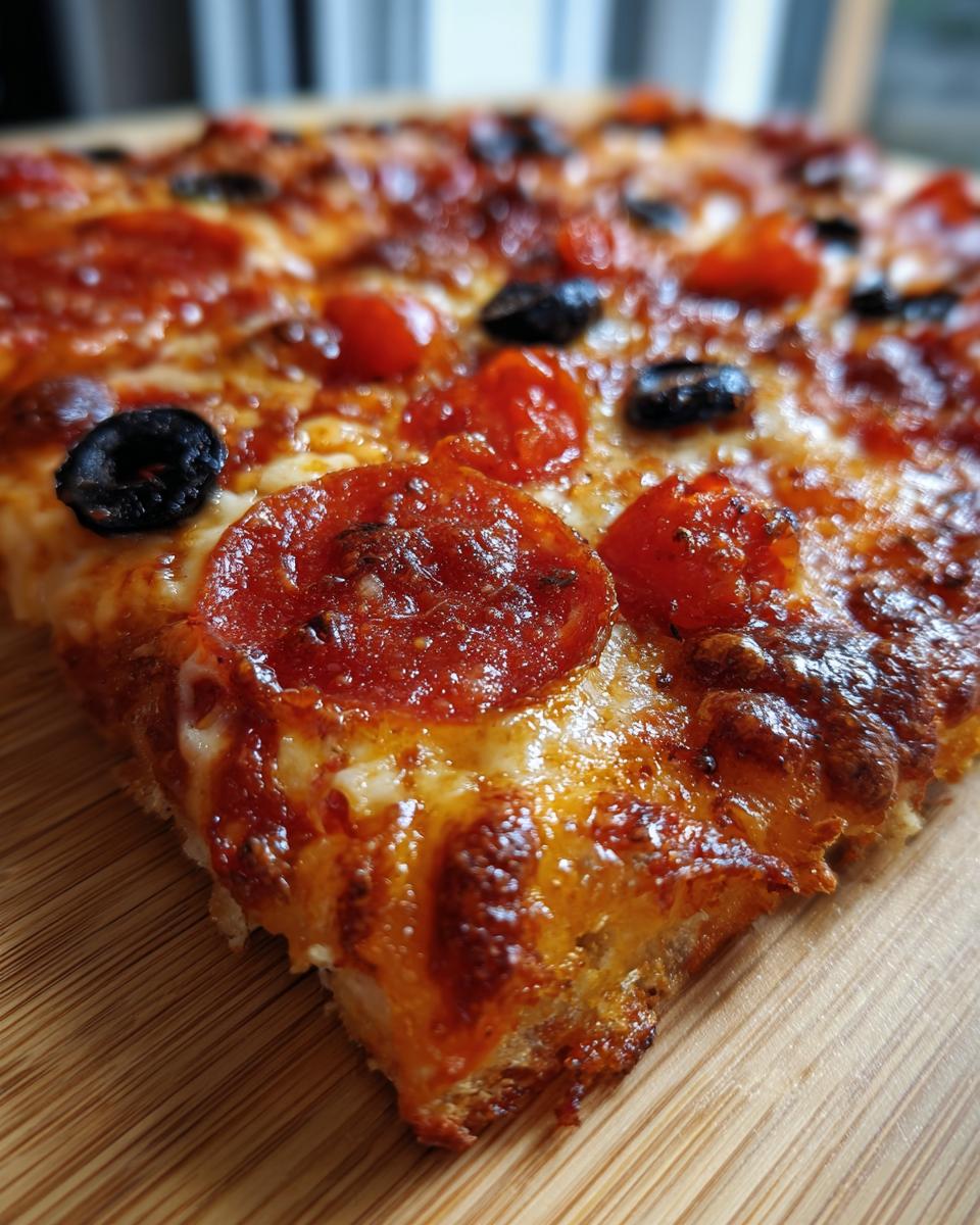A close-up shot of a crispy slice of pepperoni and olive tortilla pizzas, showing melted cheese.