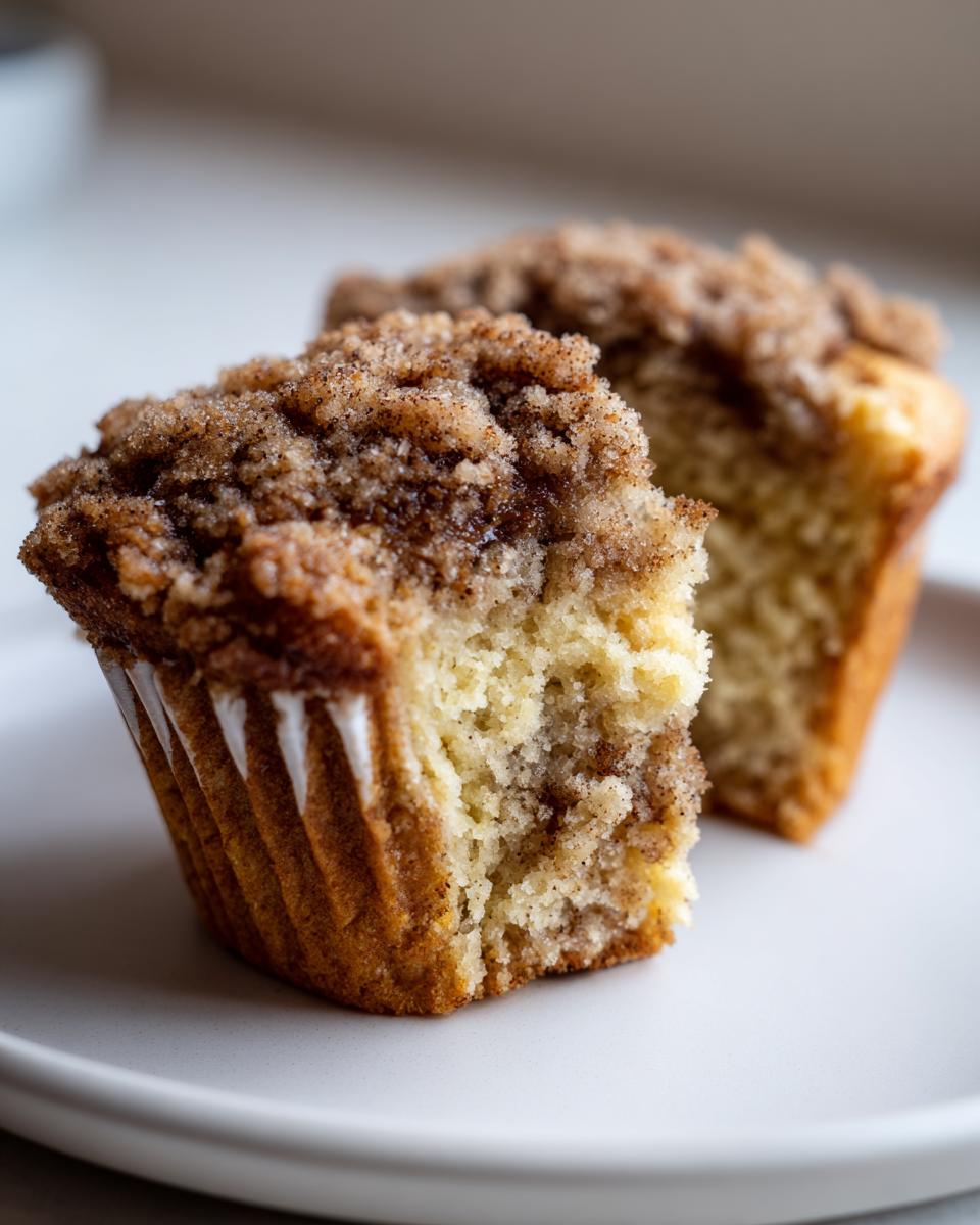 Close-up of a coffee cake banana bread muffin cut in half, showing moist interior and thick cinnamon streusel topping.