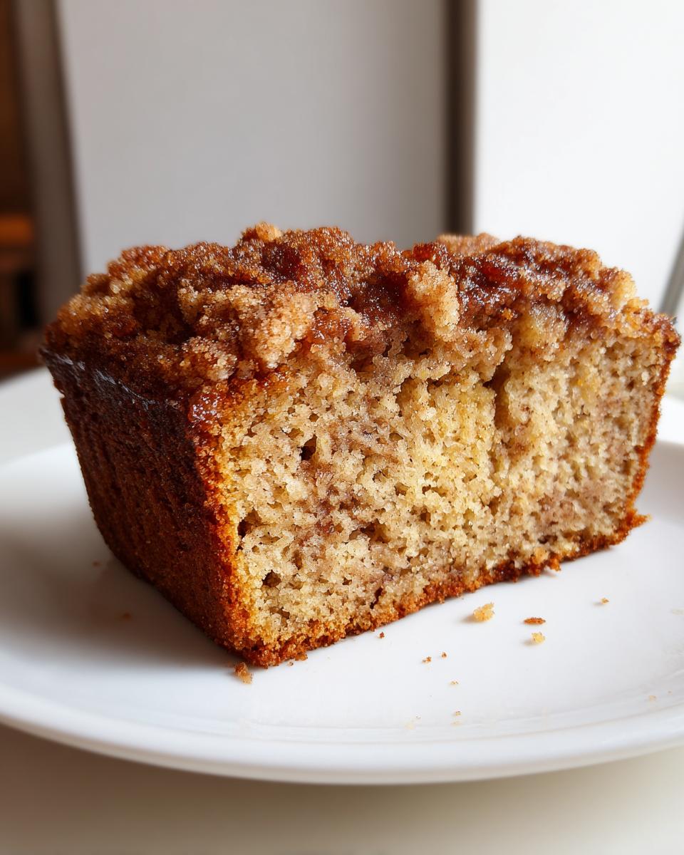 Close-up of a moist slice of coffee cake banana bread featuring a thick, crunchy cinnamon streusel topping.
