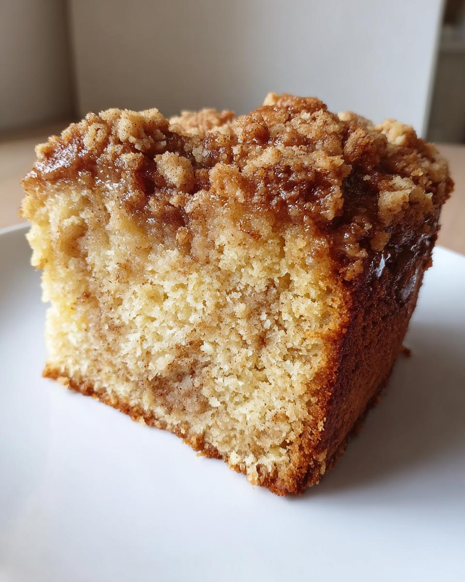 A close-up of a moist slice of coffee cake banana bread featuring a rich cinnamon swirl and crumbly streusel topping.