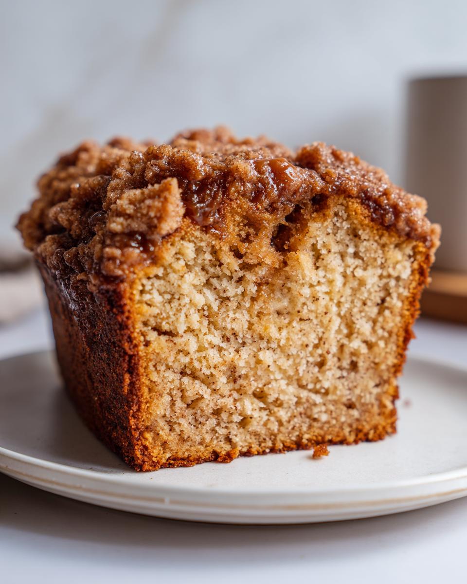 Close-up of a slice of moist coffee cake banana bread featuring a thick, dark brown cinnamon streusel topping.