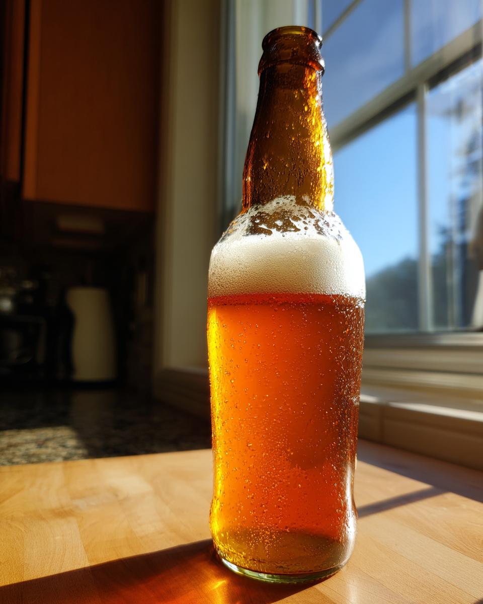 A cold, sweating bottle of amber-colored Homemade IPA sitting on a wooden counter near a window.