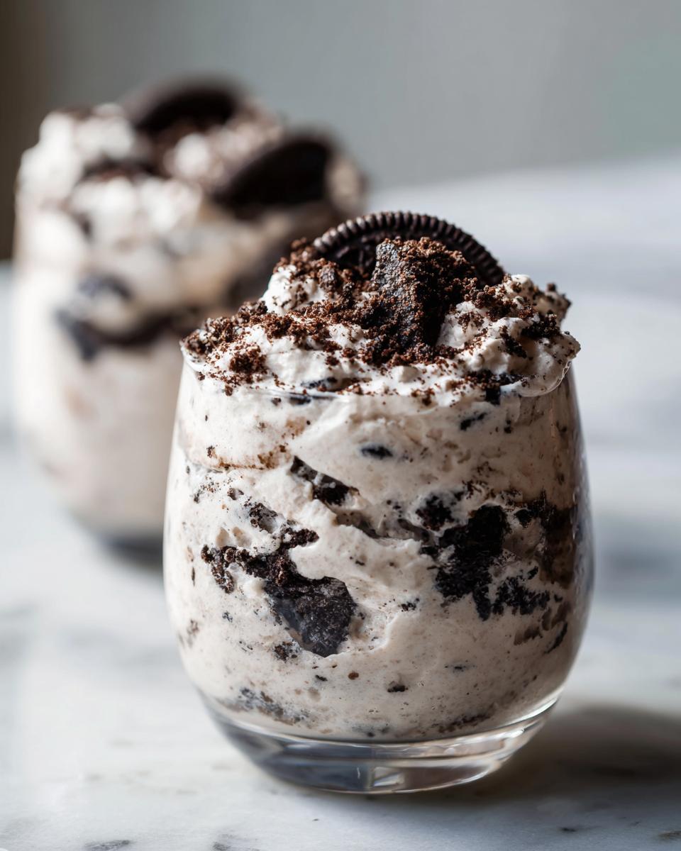 A close-up of creamy cookies and cream mousse served in a clear glass, topped with cookie crumbs and a whole cookie.