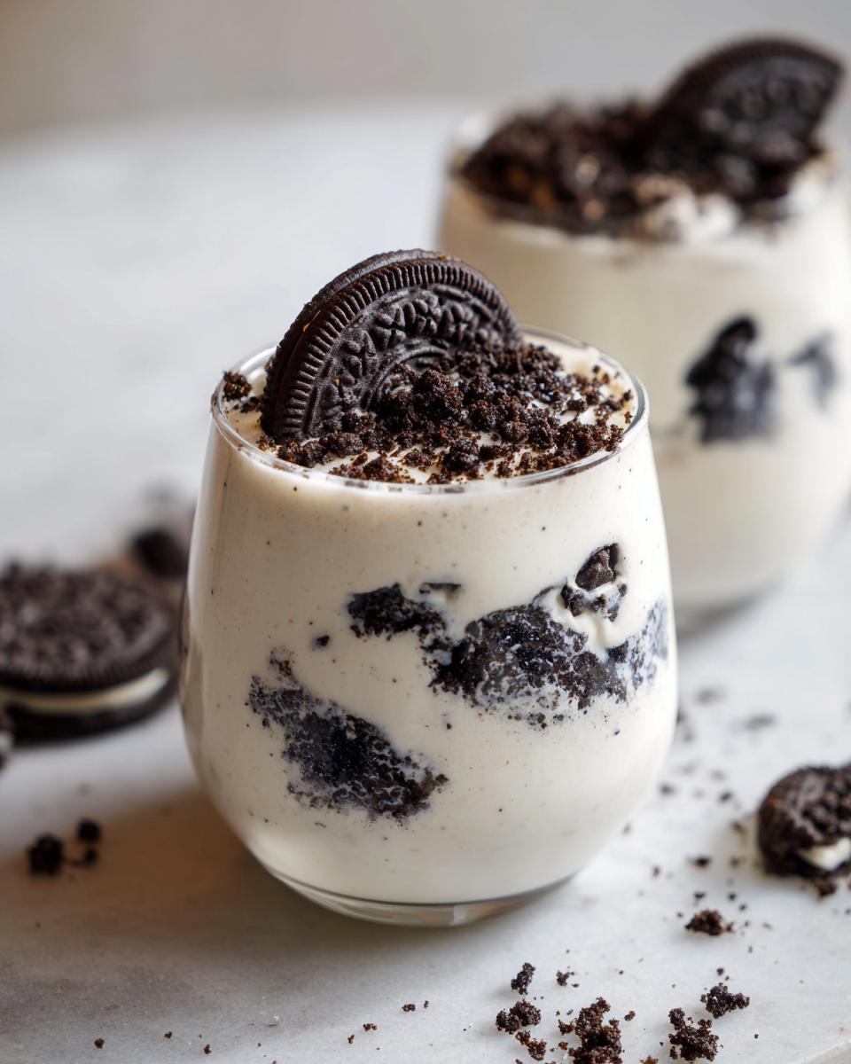 A glass filled with creamy cookies and cream mousse, layered with crushed cookies and topped with a whole cookie.