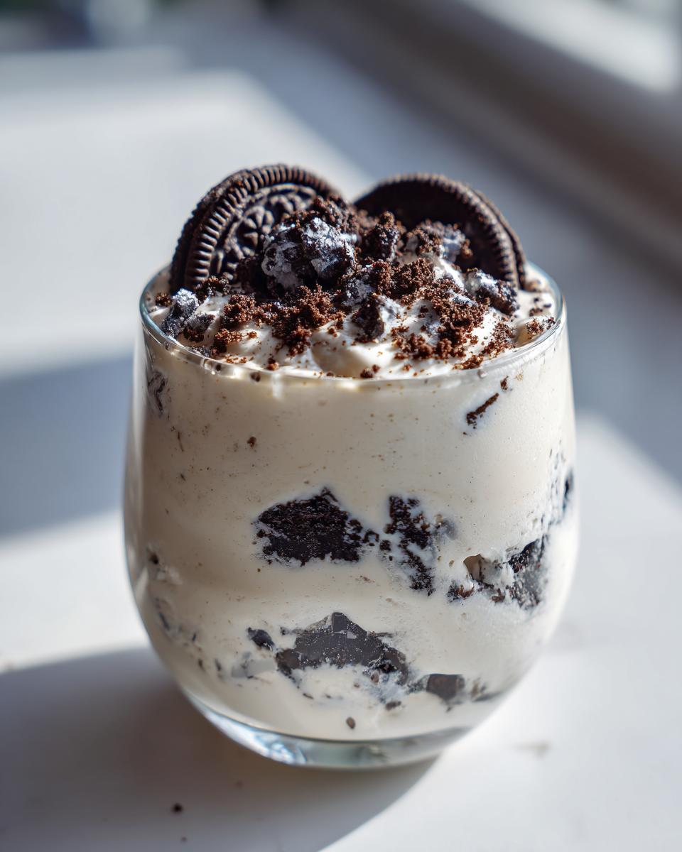 A glass filled with creamy cookies and cream mousse, topped with cookie crumbs and two whole cookies.