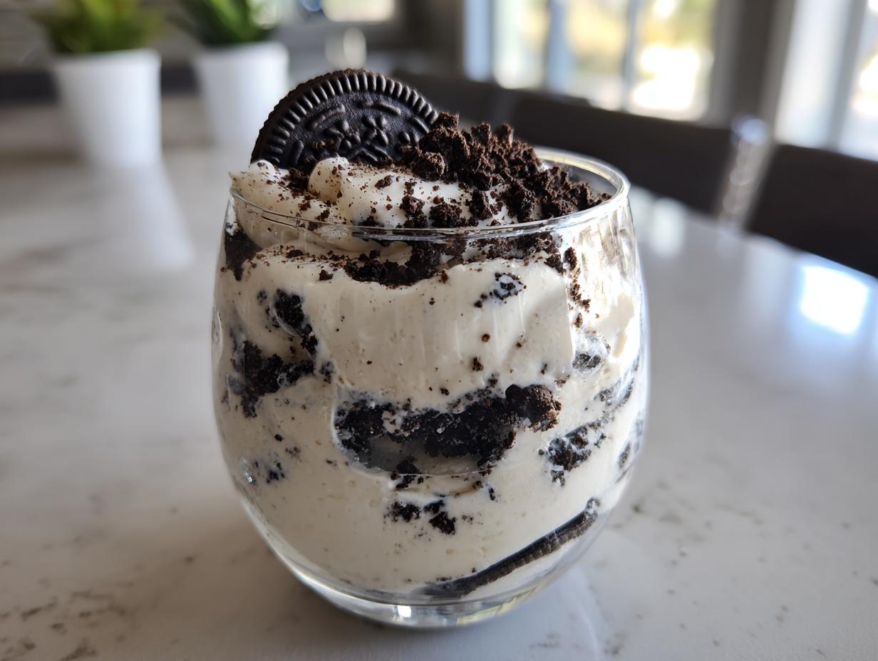 A single serving of creamy cookies and cream mousse layered with crushed chocolate sandwich cookies and topped with a whole cookie.