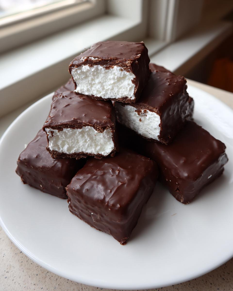 A stack of chocolate-covered squares showing the white, fluffy cool whip candy filling inside.