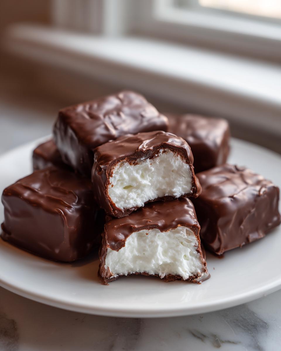 A stack of chocolate-covered treats showing the fluffy white interior of the cool whip candy recipe.