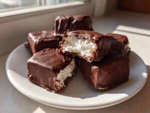 A stack of homemade cool whip candy pieces coated in rich dark chocolate, one is cut open showing the white filling.