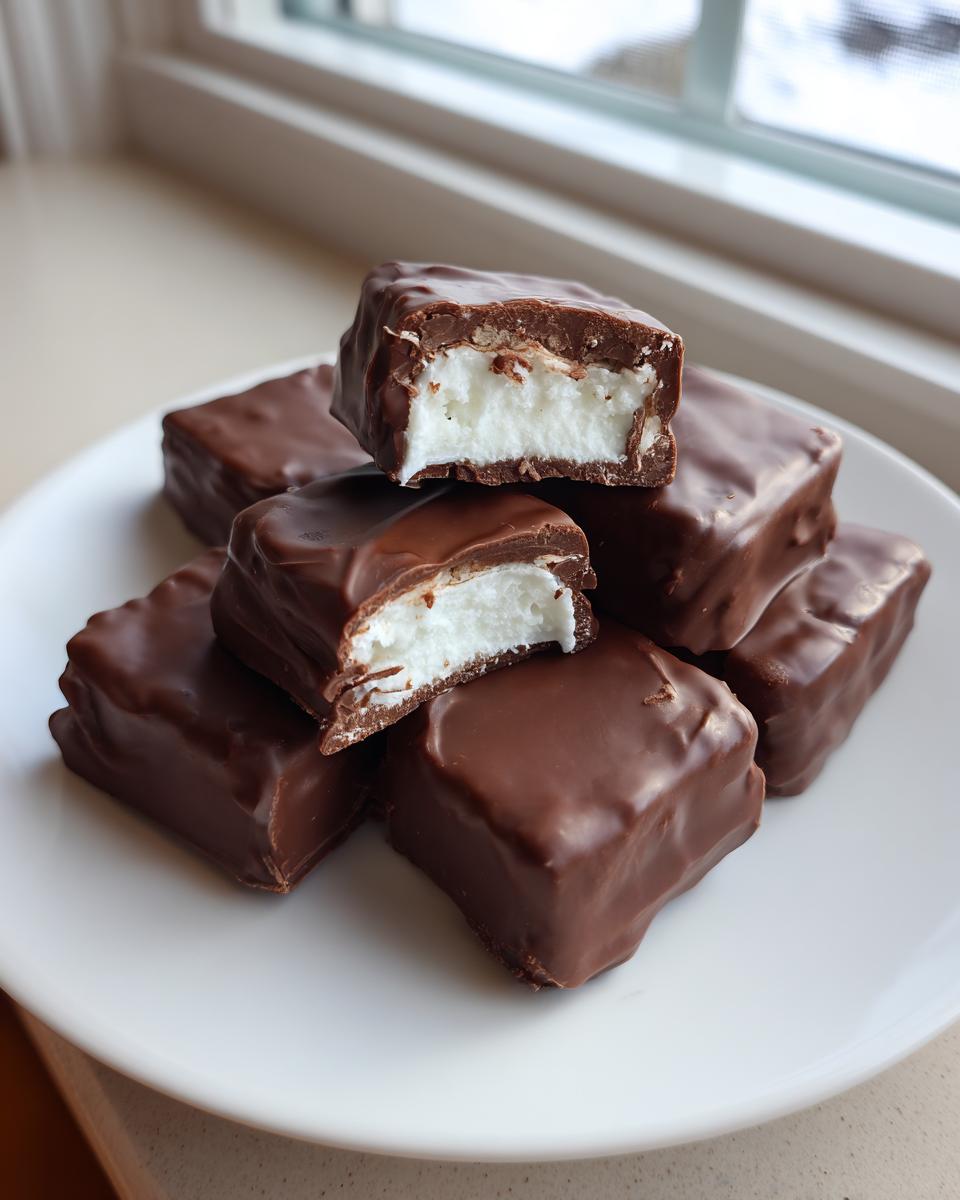 A stack of homemade chocolate-covered cool whip candy pieces, with two pieces cut open showing the white filling.