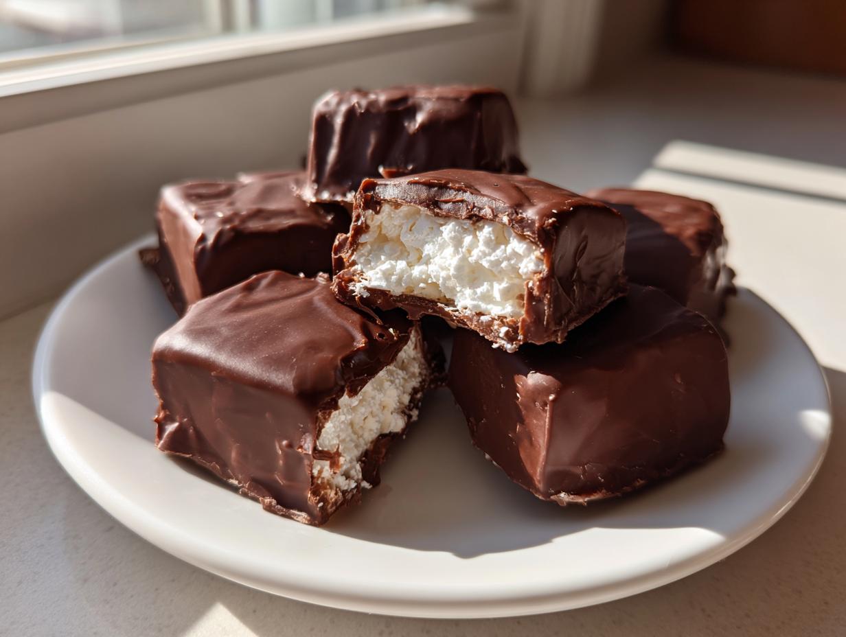 A stack of homemade cool whip candy pieces coated in rich dark chocolate, one is cut open showing the white filling.